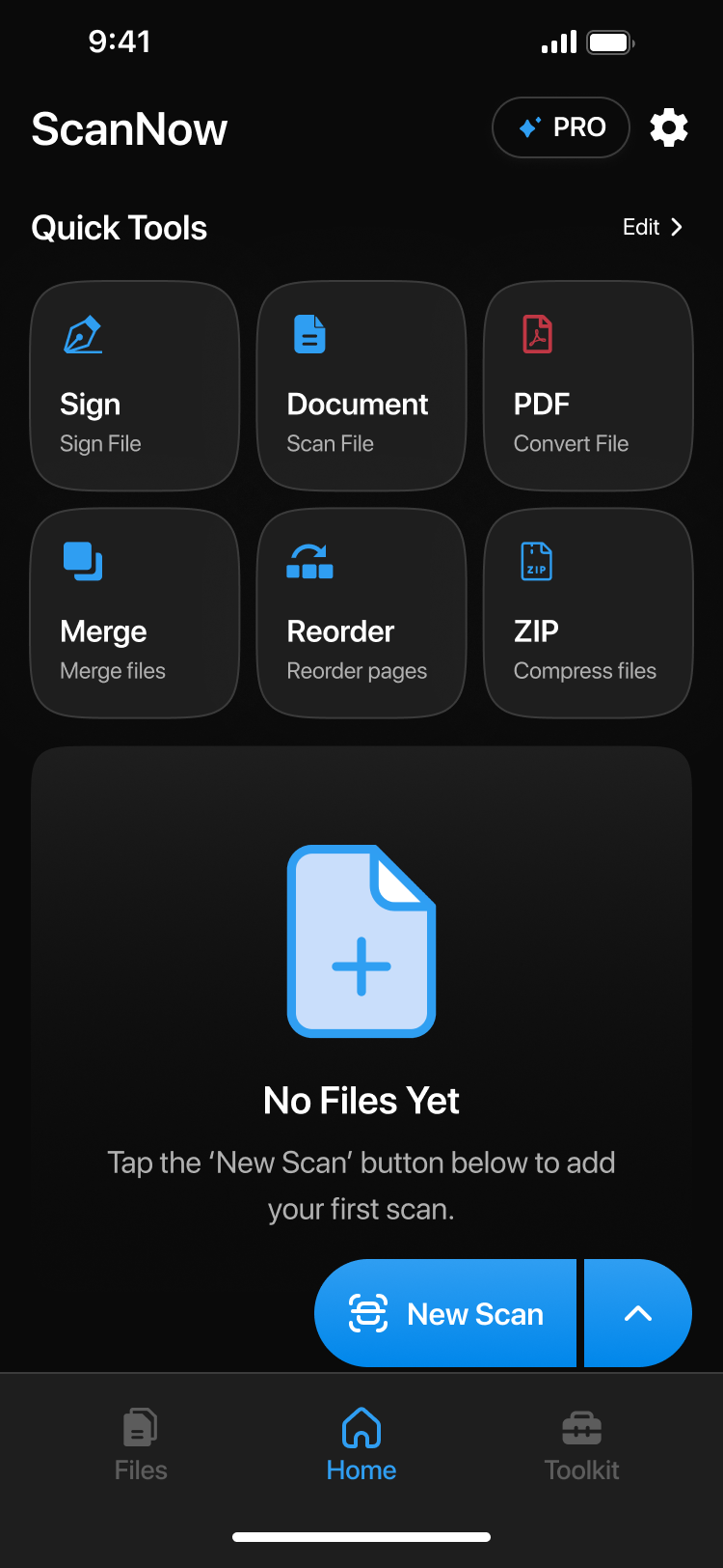 ScanNow app — home screen
